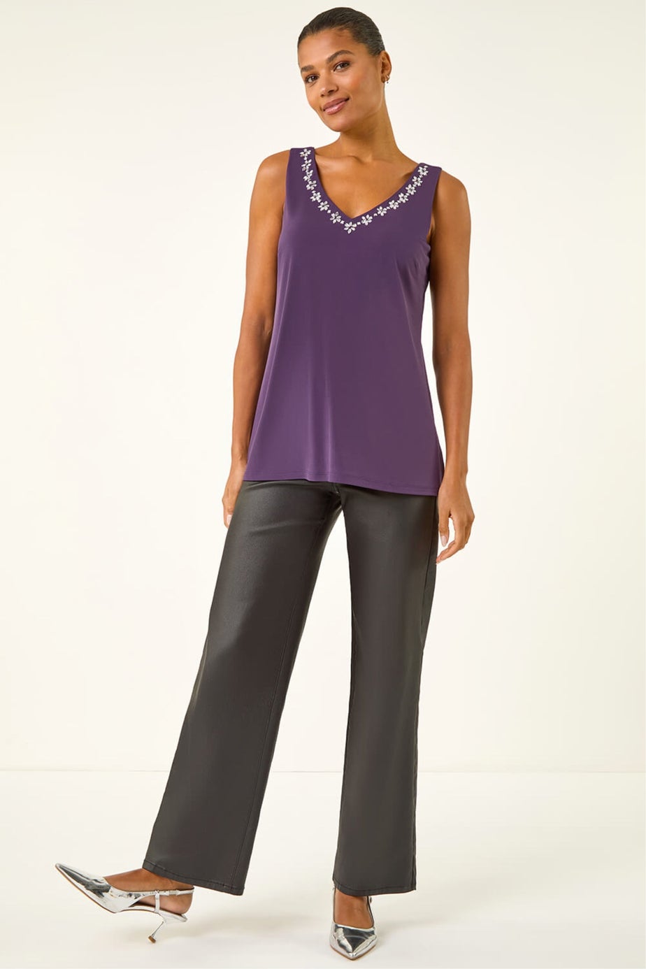 Roman Purple Embellished V-Neck Stretch Vest Top