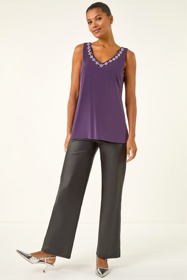 Roman Purple Embellished V-Neck Stretch Vest Top