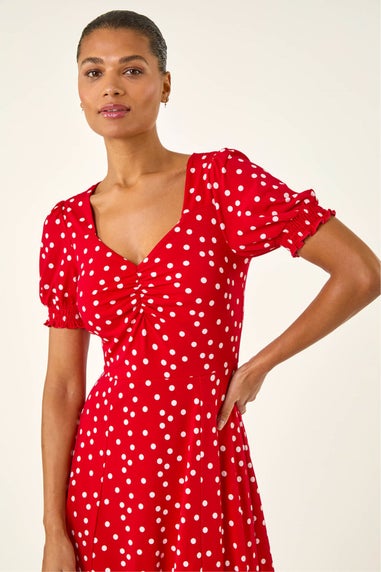 Roman Red Spotted Sweetheart Stretch Midi Dress