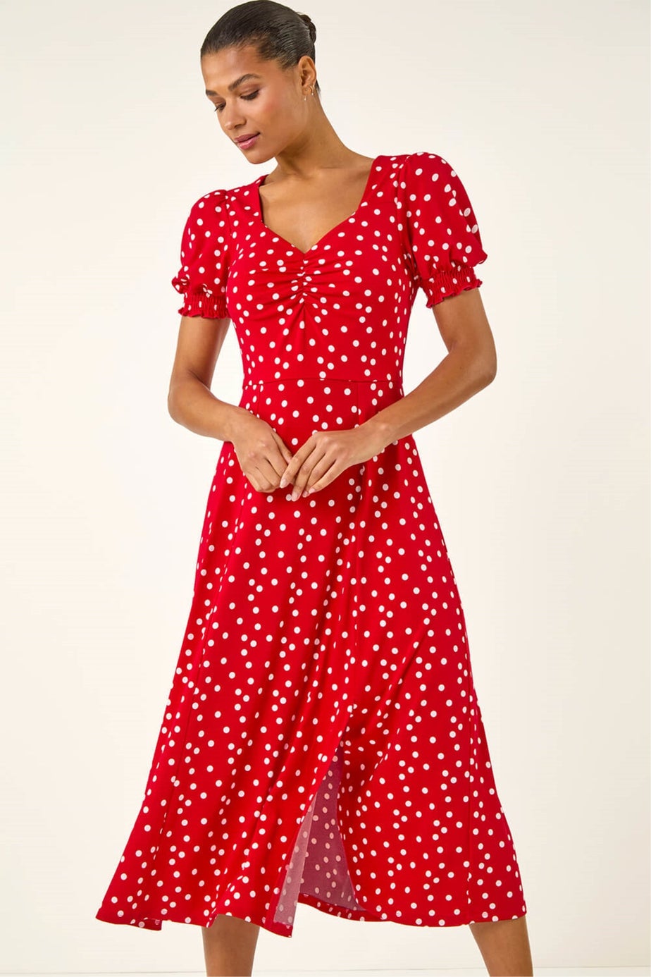 Roman Red Spotted Sweetheart Stretch Midi Dress