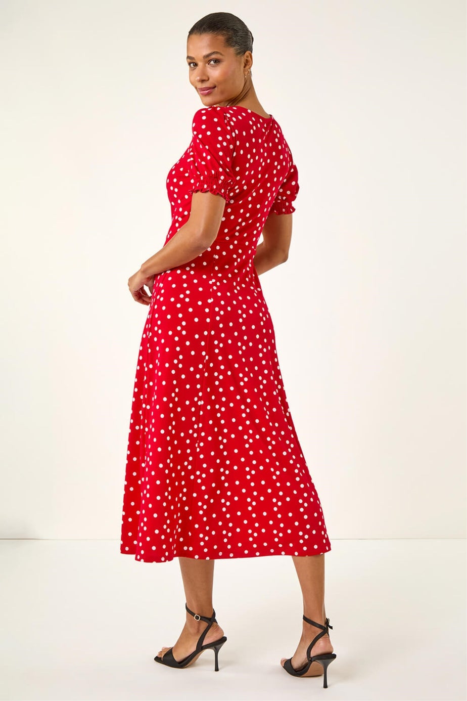 Roman Red Spotted Sweetheart Stretch Midi Dress