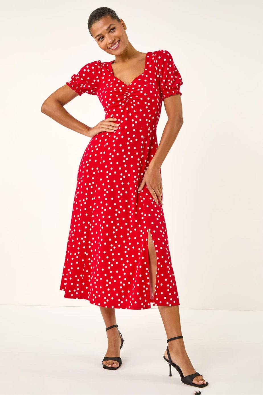 Roman Red Spotted Sweetheart Stretch Midi Dress
