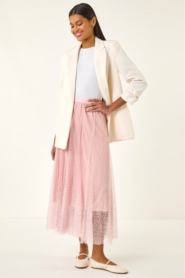 Roman Light Pink Polka Dot Print Elasticated Mesh Skirt