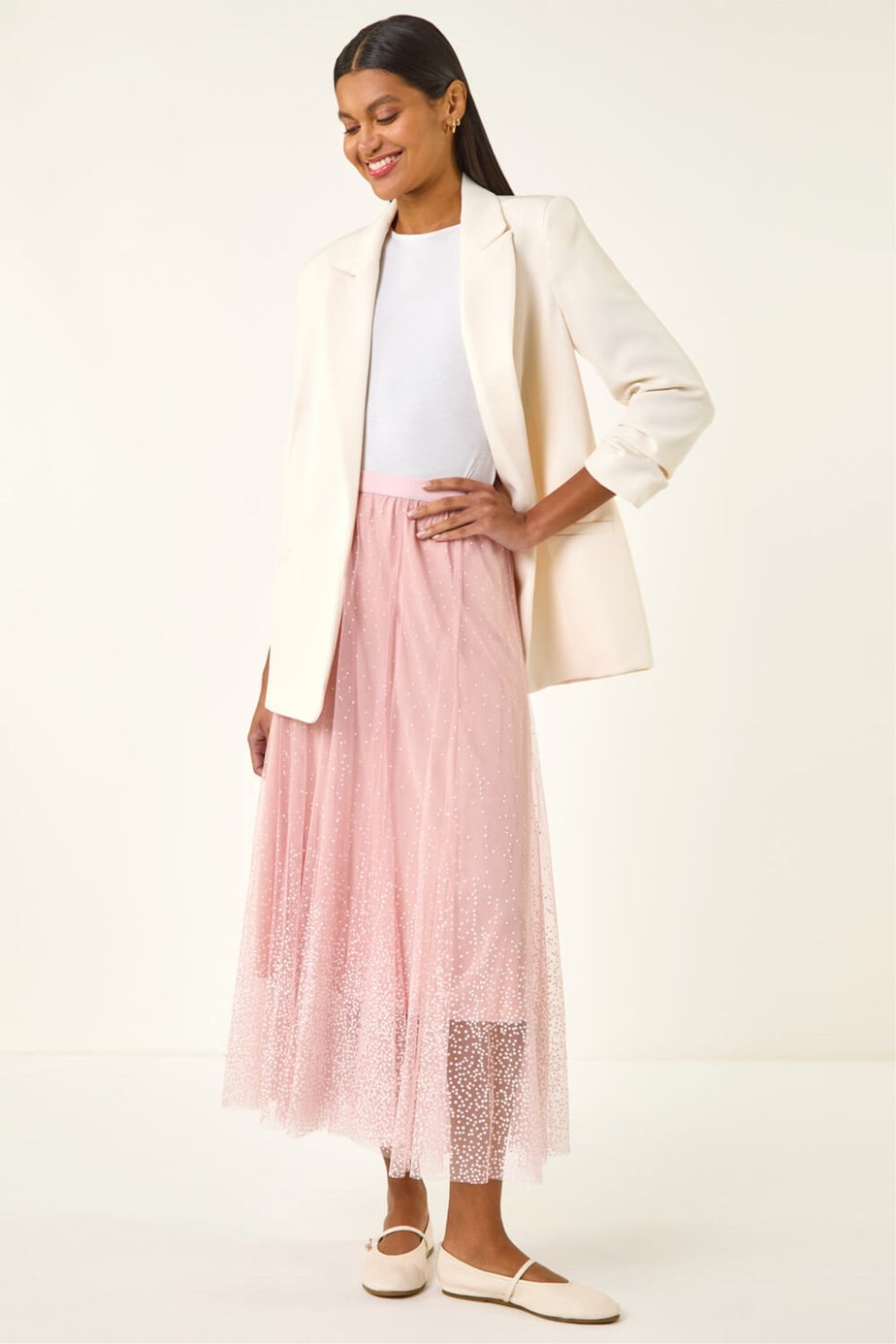 Roman Light Pink Polka Dot Print Elasticated Mesh Skirt