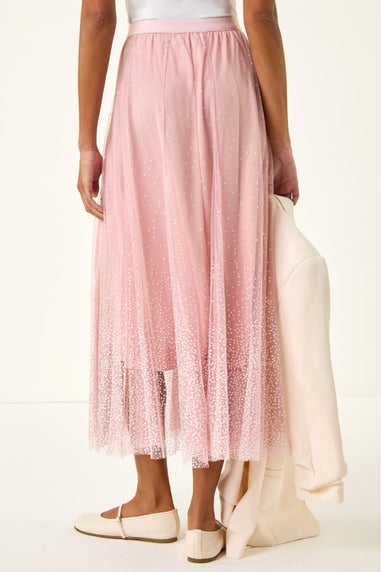 Roman Light Pink Polka Dot Print Elasticated Mesh Skirt