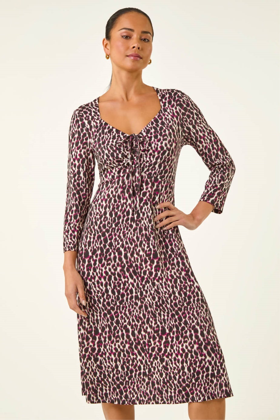 Roman Wine Petite Animal Print Ruched Stretch Midi Dress