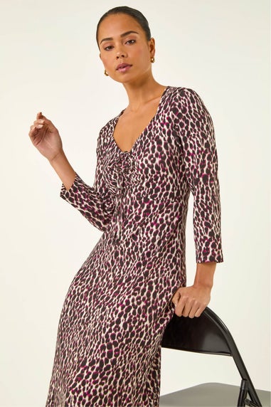 Roman Wine Petite Animal Print Ruched Stretch Midi Dress