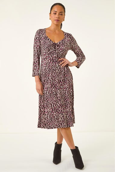 Roman Wine Petite Animal Print Ruched Stretch Midi Dress
