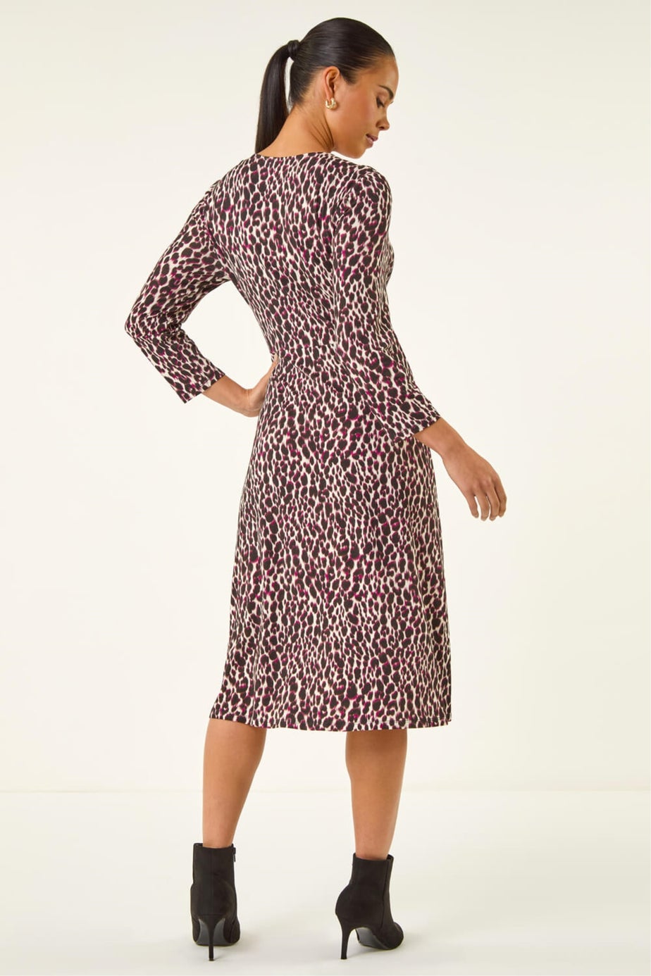 Roman Wine Petite Animal Print Ruched Stretch Midi Dress