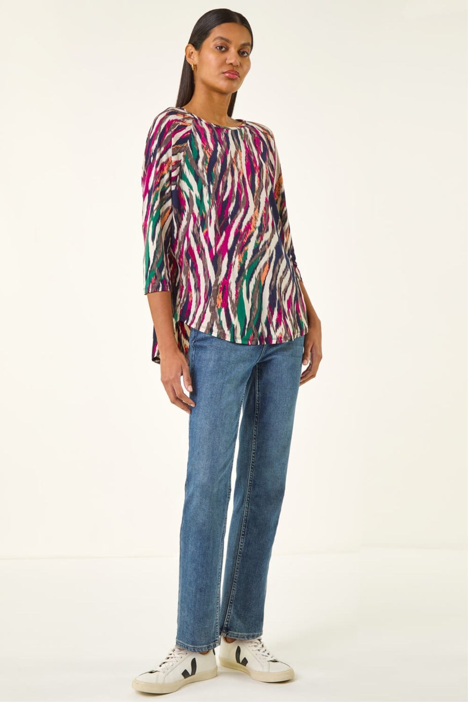 Roman Multi Stripe Print Stretch Tunic Top