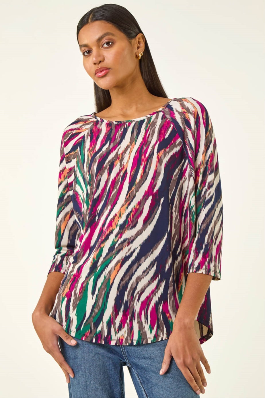 Roman Multi Stripe Print Stretch Tunic Top