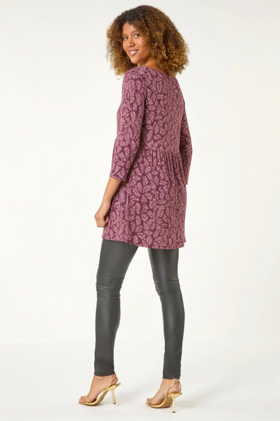 Roman Purple Leaf Print Gathered Tunic Top