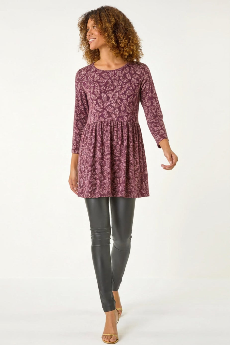 Roman Purple Leaf Print Gathered Tunic Top
