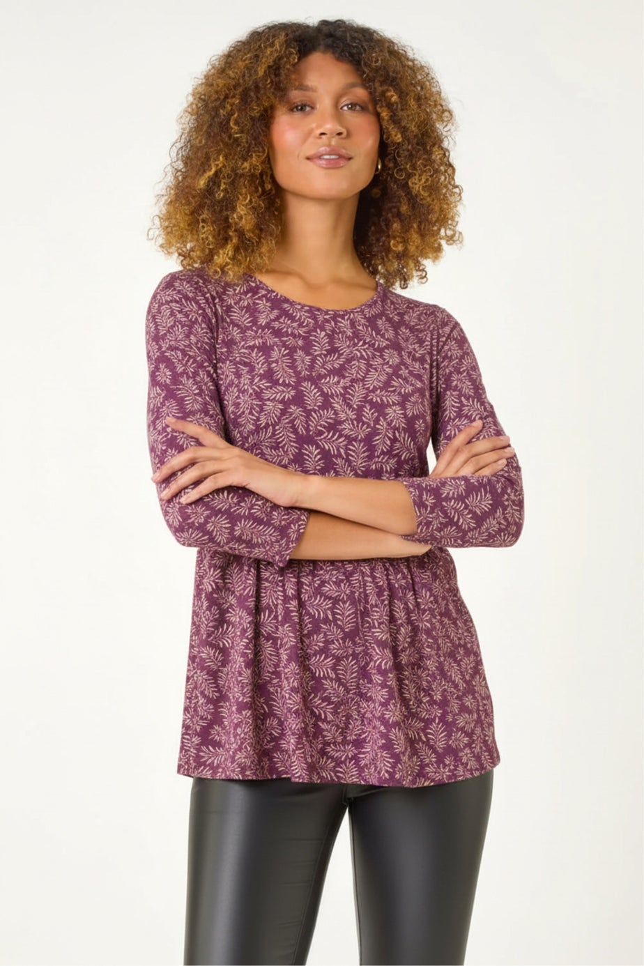Roman Purple Leaf Print Gathered Tunic Top