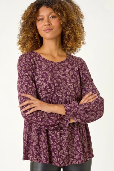 Roman Purple Leaf Print Gathered Tunic Top