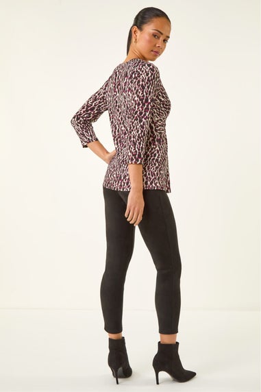 Roman Wine Petite Animal Print Twist Front Top