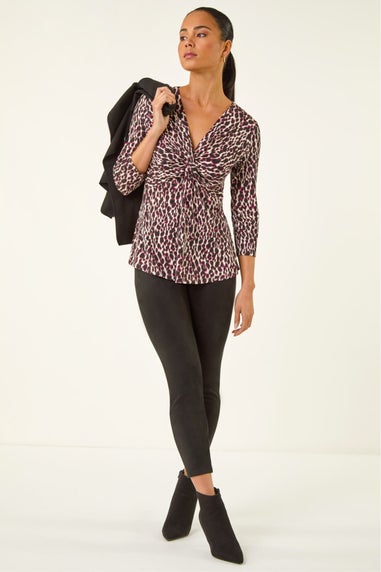 Roman Wine Petite Animal Print Twist Front Top
