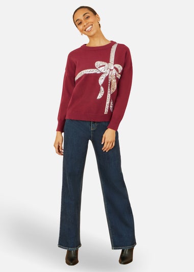 Yumi Burgundy Sequin Bow Knitted Jumper