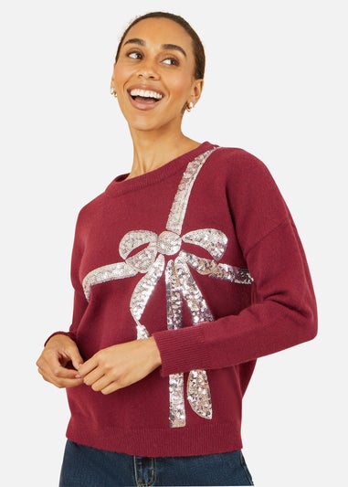 Yumi Burgundy Sequin Bow Knitted Jumper