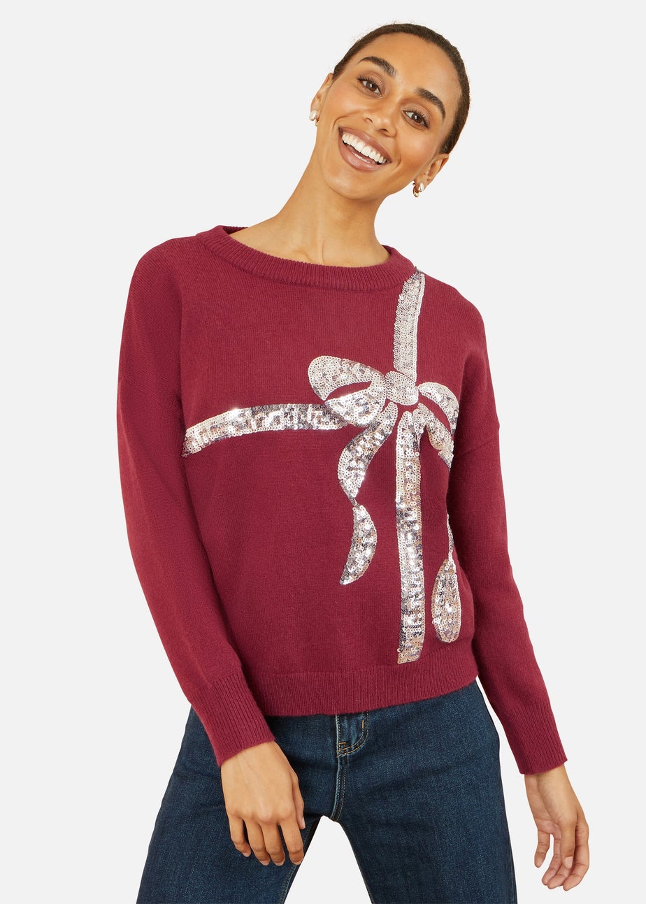 Yumi Burgundy Sequin Bow Knitted Jumper