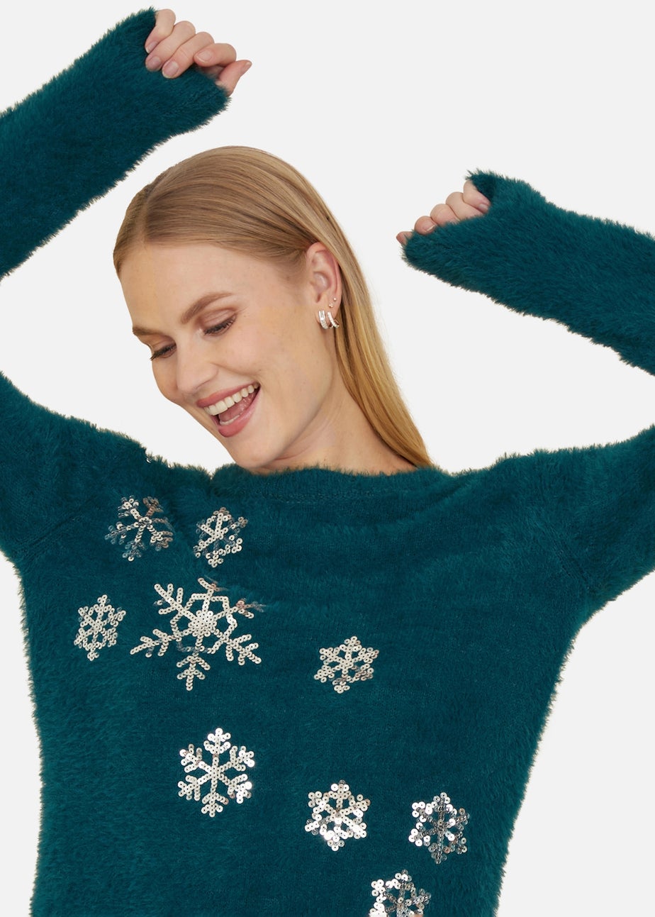 Yumi Teal Sequin Snowflake Fluffy Jumper