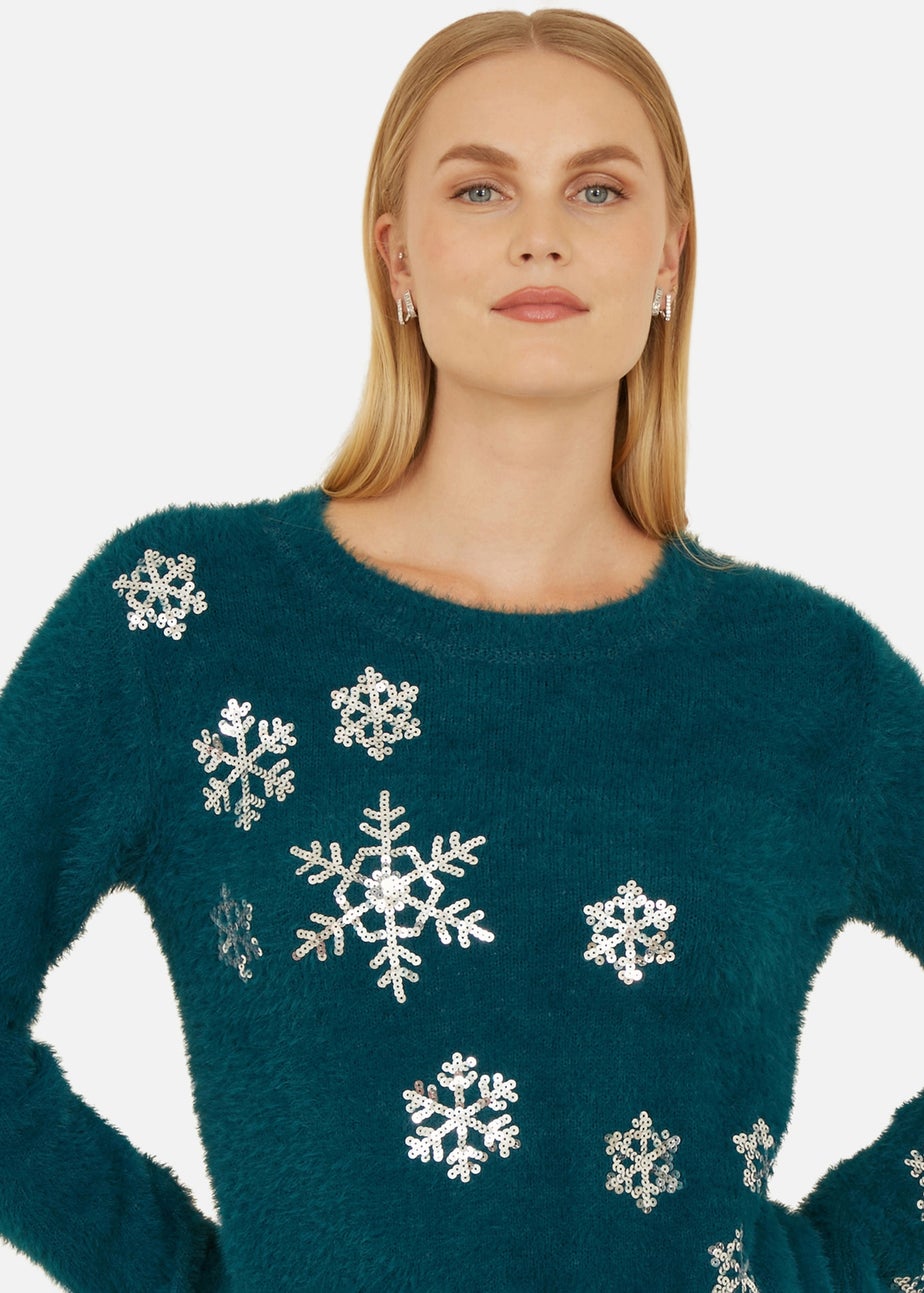 Yumi Teal Sequin Snowflake Fluffy Jumper