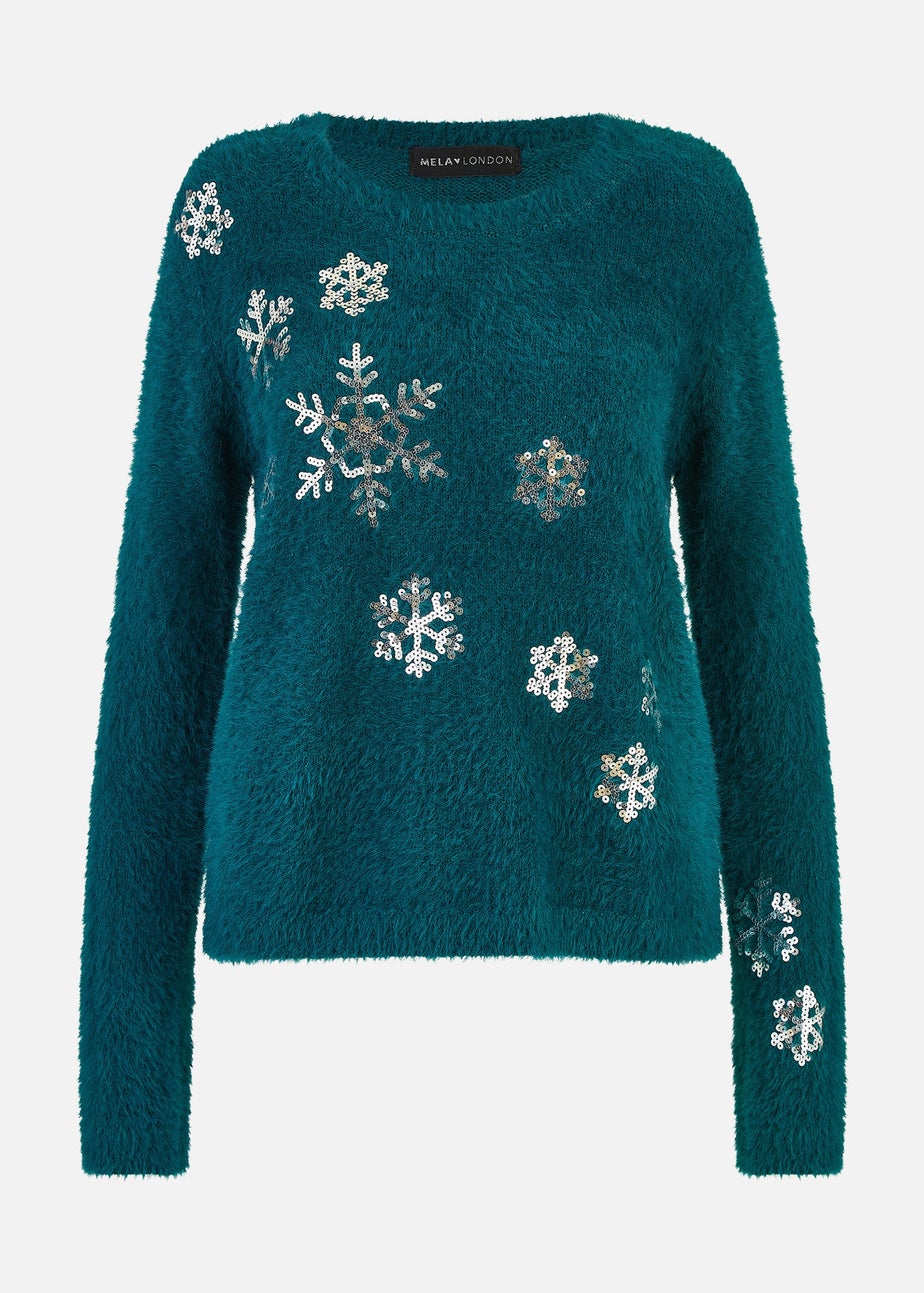 Yumi Teal Sequin Snowflake Fluffy Jumper