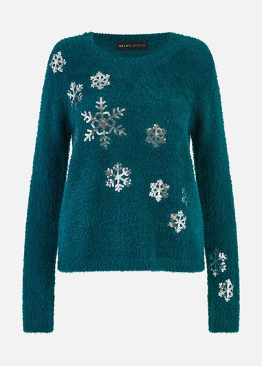Yumi Teal Sequin Snowflake Fluffy Jumper