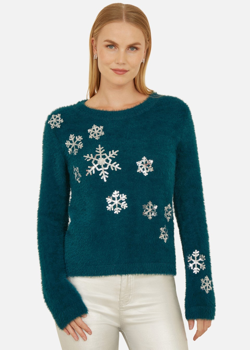 Yumi Teal Sequin Snowflake Fluffy Jumper