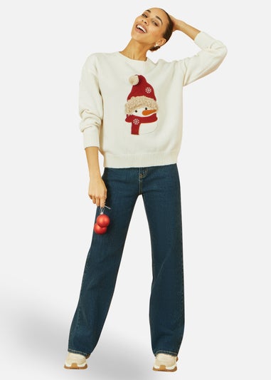 Yumi White Christmas Jumper With Applique Snowman