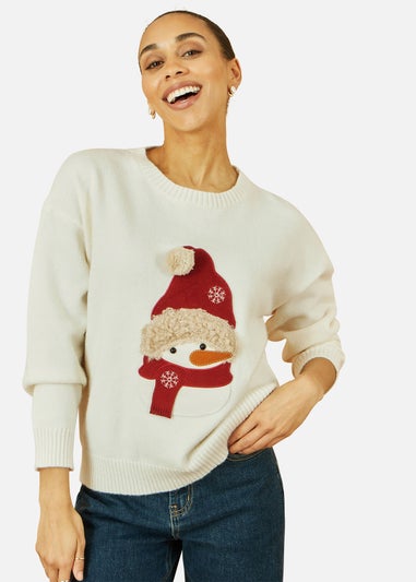 Yumi White Christmas Jumper With Applique Snowman