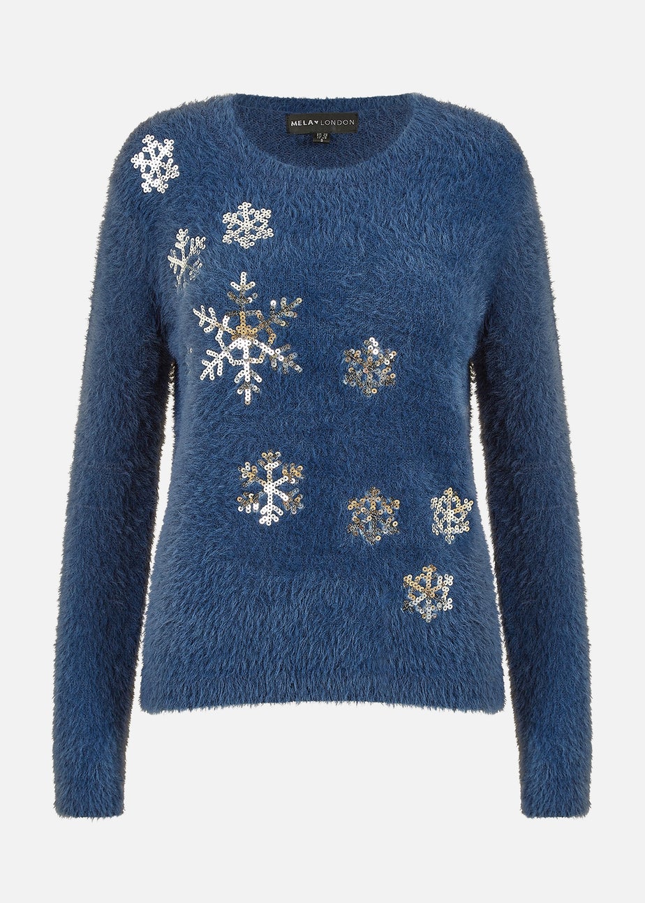 Yumi Navy Sequin Snowflake Fluffy Jumper
