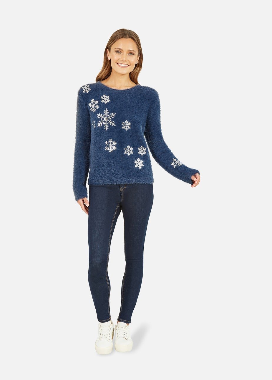 Yumi Navy Sequin Snowflake Fluffy Jumper