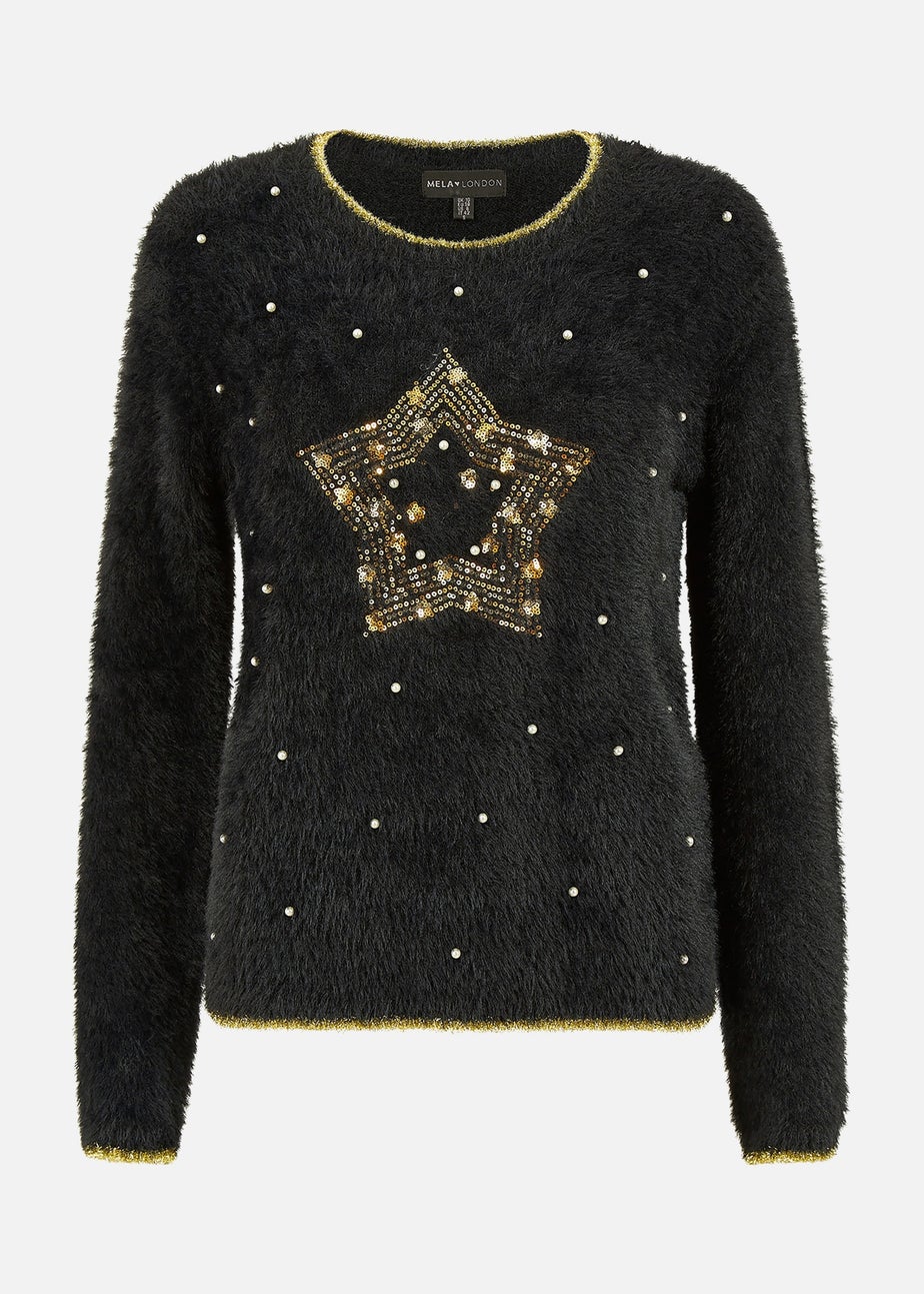 Yumi Black Fluffy Star Christmas Jumper