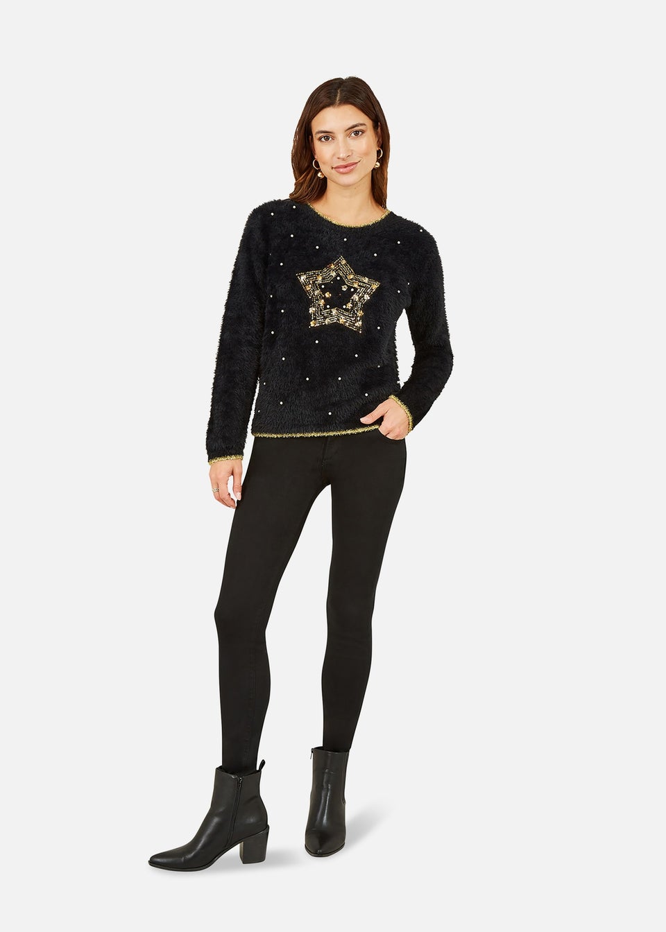 Yumi Black Fluffy Star Christmas Jumper