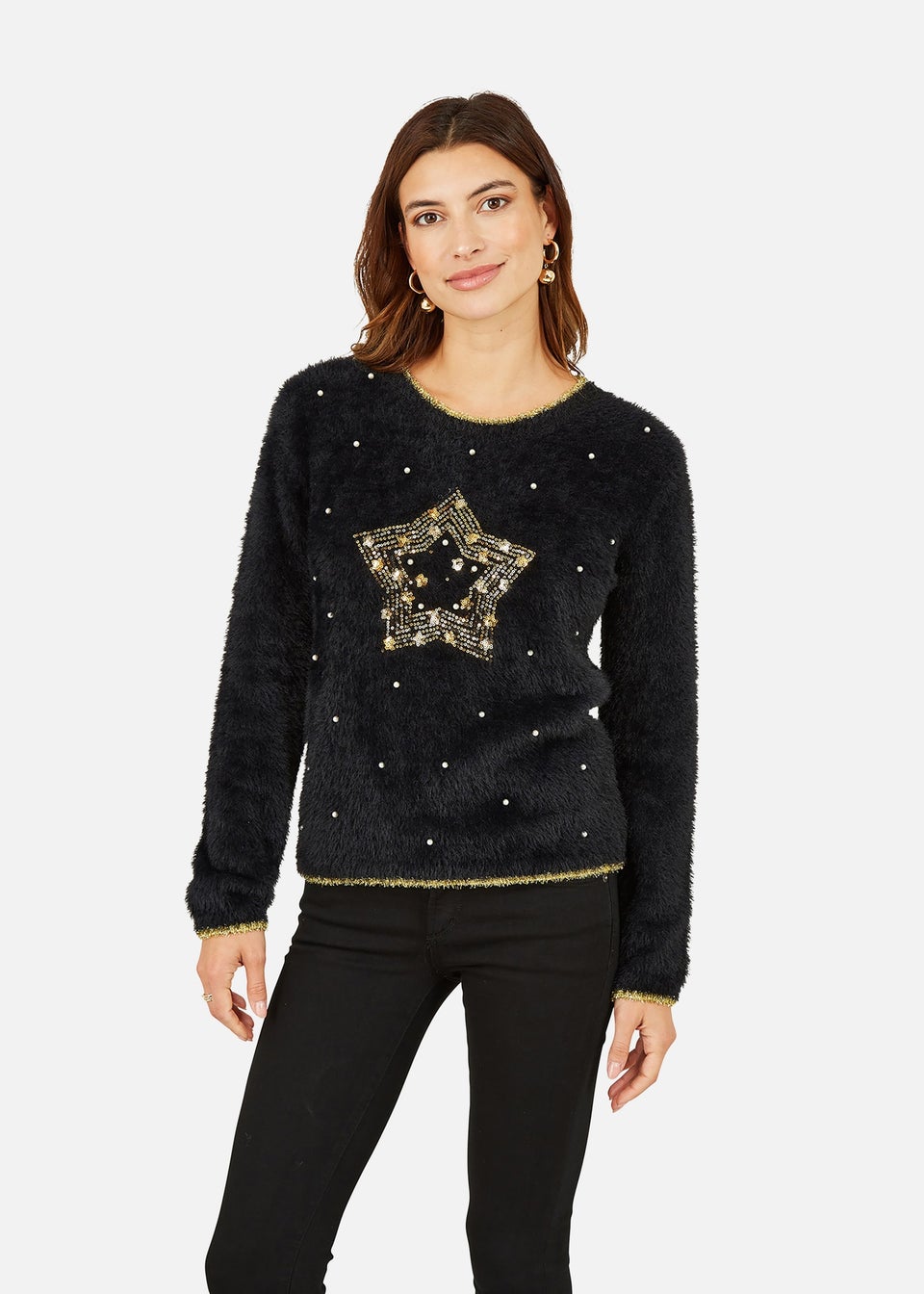 Yumi Black Fluffy Star Christmas Jumper