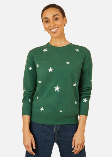 Yumi Green Gold Foil Star Print Relaxed Fit Jumper