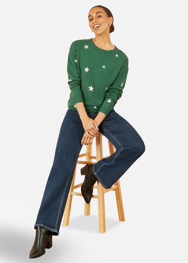 Yumi Green Gold Foil Star Print Relaxed Fit Jumper