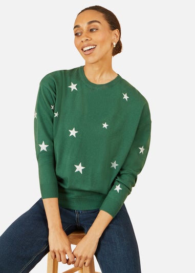 Yumi Green Gold Foil Star Print Relaxed Fit Jumper