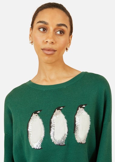 Yumi Green Christmas Festive Penguin Knitted Jumper