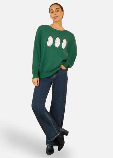 Yumi Green Christmas Festive Penguin Knitted Jumper