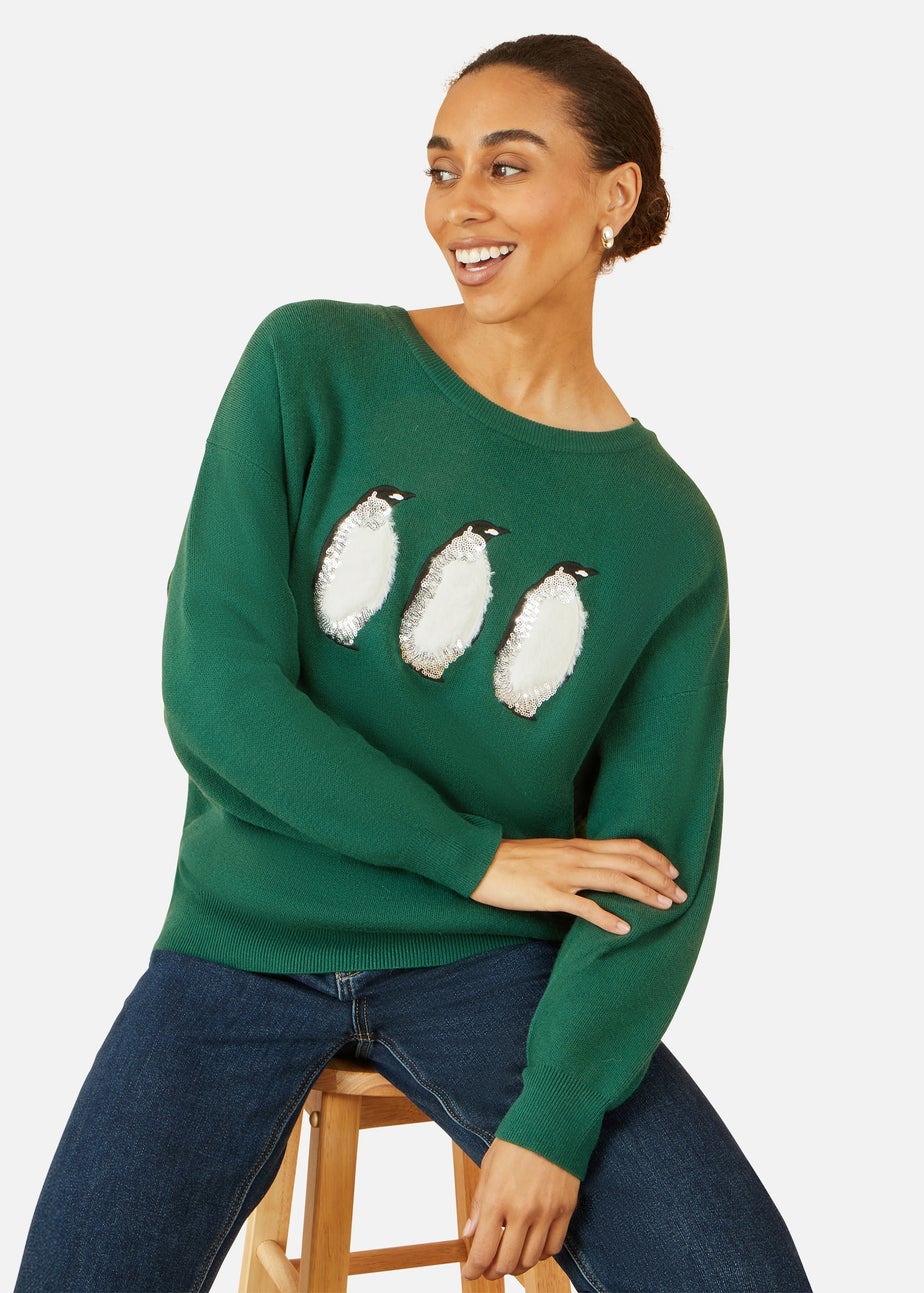 Yumi Green Christmas Festive Penguin Knitted Jumper