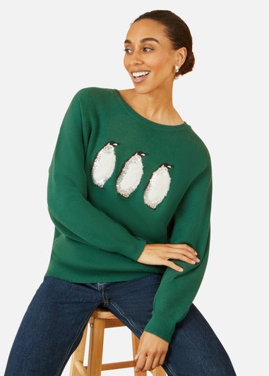 Yumi Green Christmas Festive Penguin Knitted Jumper