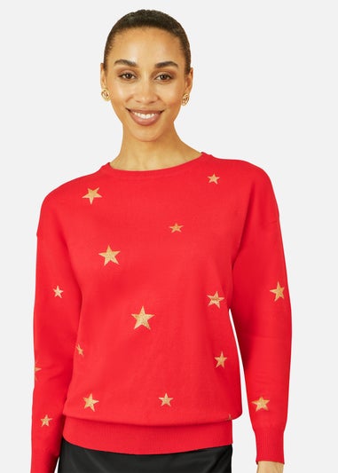 Yumi Red Gold Foil Star Print Relaxed Fit Jumper