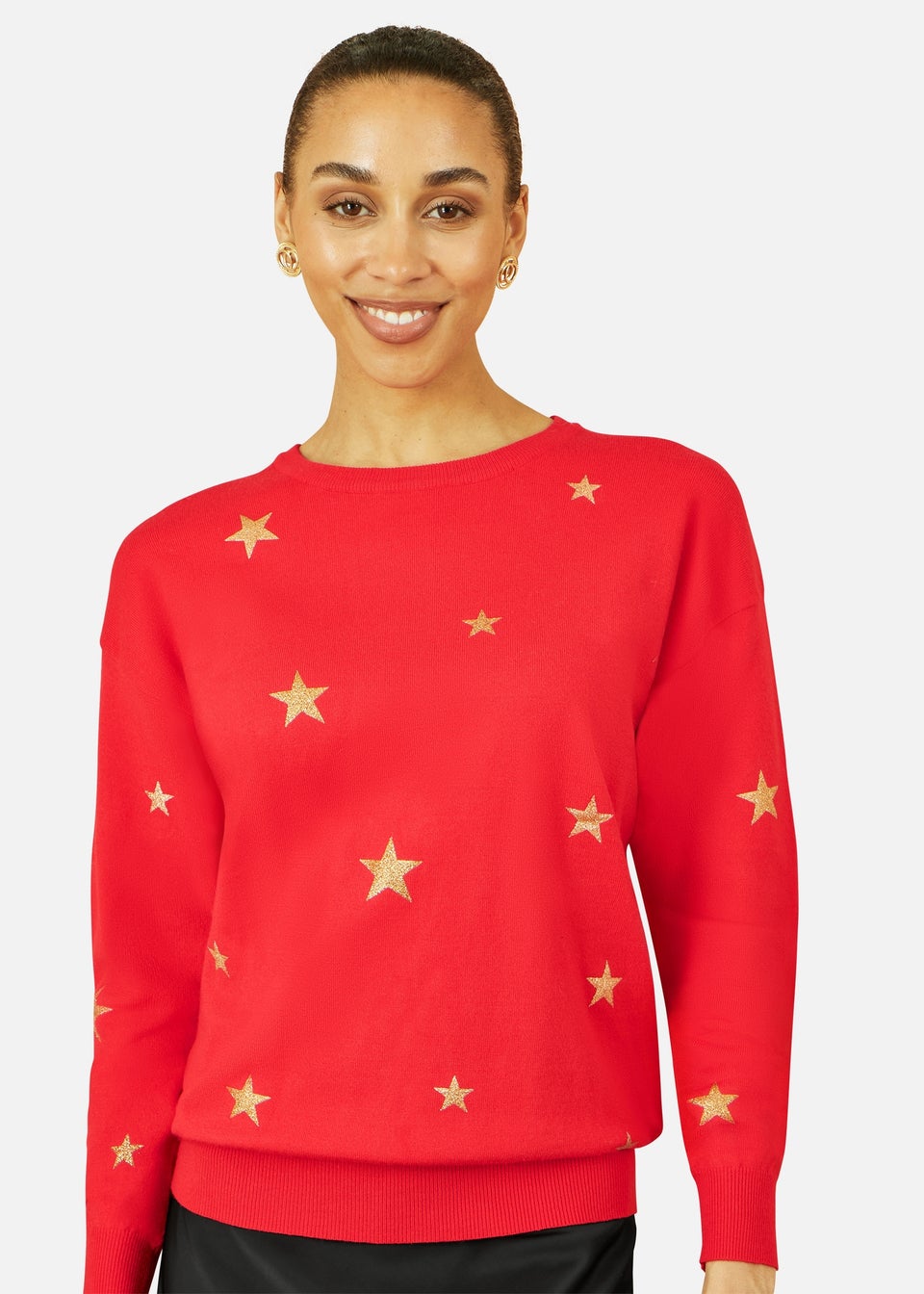 Yumi Red Gold Foil Star Print Relaxed Fit Jumper