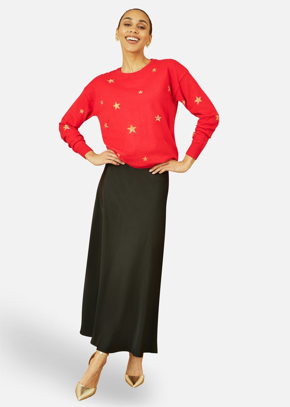 Yumi Red Gold Foil Star Print Relaxed Fit Jumper