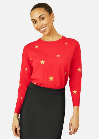 Yumi Red Gold Foil Star Print Relaxed Fit Jumper