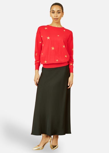 Yumi Red Gold Foil Star Print Relaxed Fit Jumper