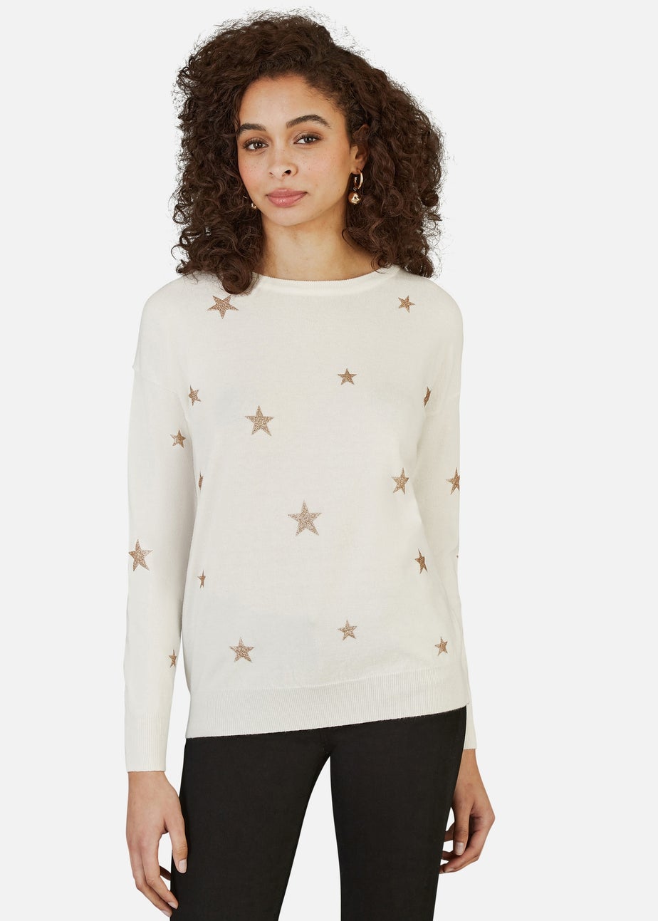 Yumi Cream Gold Foil Star Print Relaxed Fit Jumper