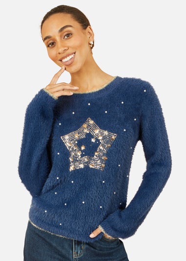 Yumi Navy Sequin Snowflake Fluffy Jumper